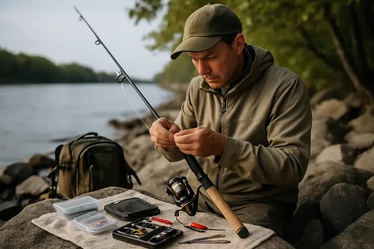 Hands tie a bass rig beside soft plastics and crankbaits on a tackle tray