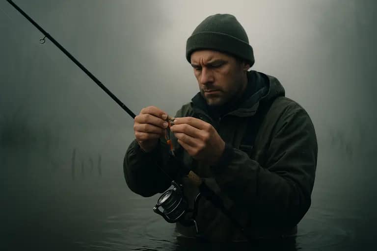 Fishing lure paused near cover in cloudy water