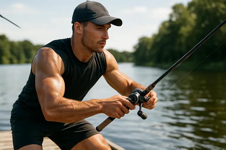 Angler standing balanced on a bass boat deck while preparing to cast