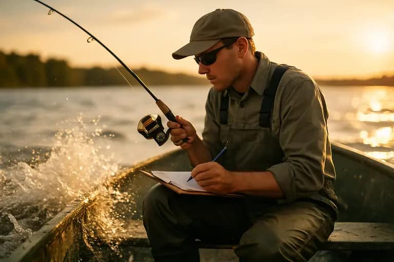 Crew member writes fish counts in a boat log while rods rest in holders