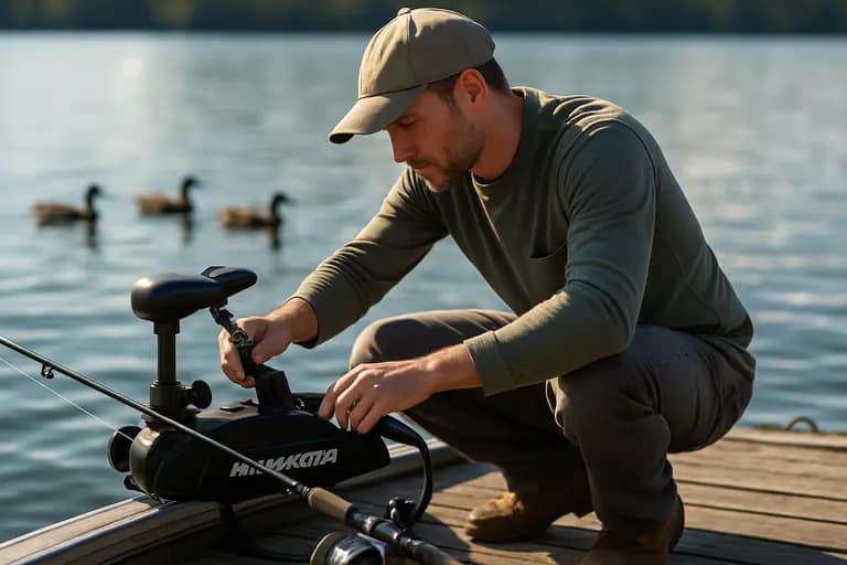 Neatly routed fishing electronics cables near a bow-mounted trolling motor