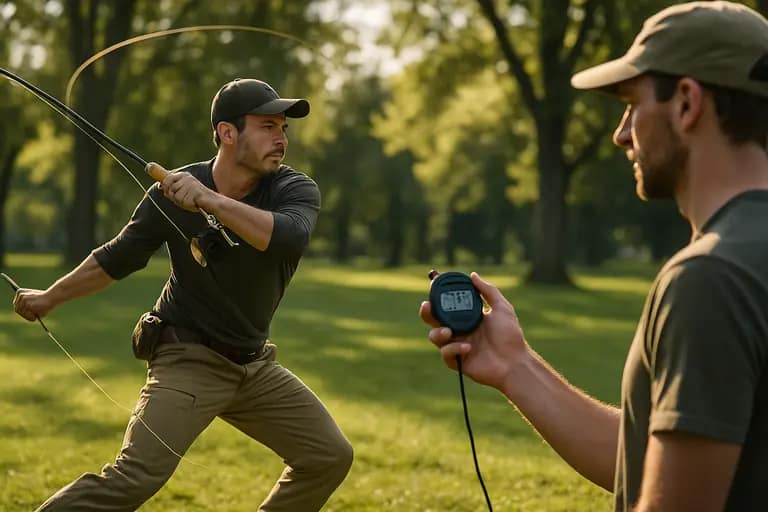 Angler practicing controlled casts on grass before a fishing trip