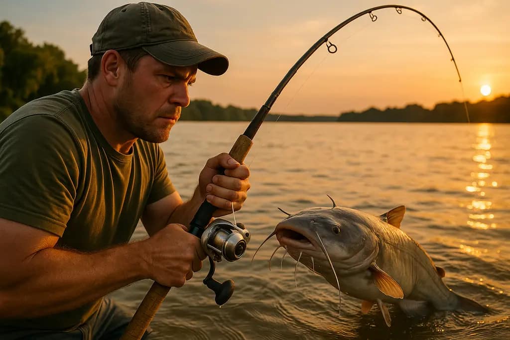 Angler organizing King Kat gear beside heavy catfish rods on a river boat