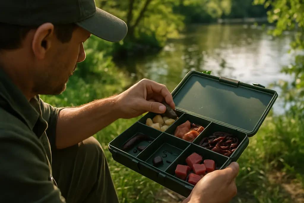 Late Summer Catfish bait spread with cut shad, rigs, and a cooler on a boat deck