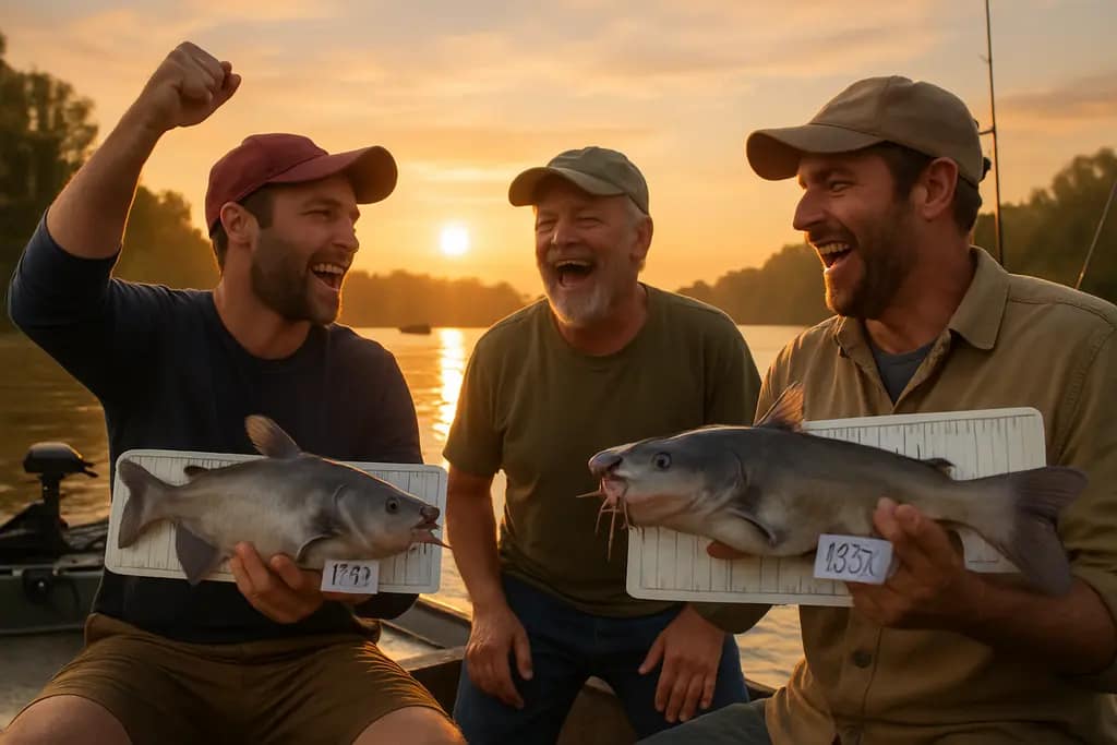 MegaBuc Vicksburg catfish team preparing rods on a Mississippi River boat