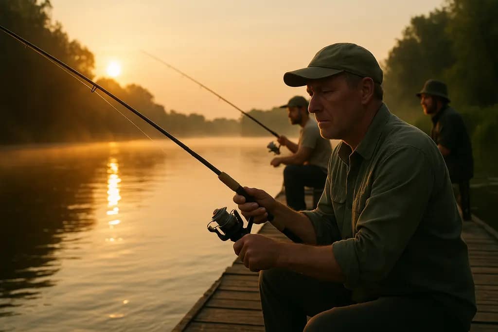 Anglers studying summer catfish behavior near a warm river bend before a tournament
