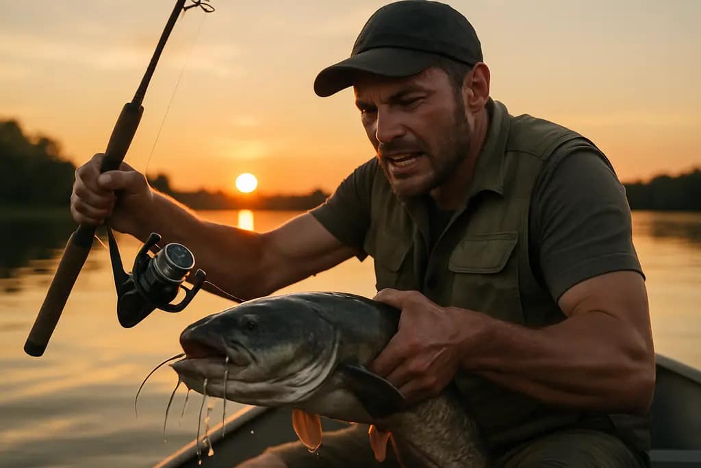 Trophy Catfish Tactics setup with rods, cut bait, and river current in Vicksburg