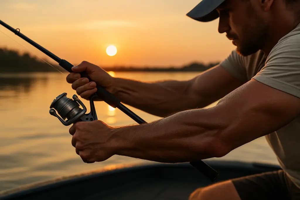Angler heat fitness setup with cold drinks, towel, hat, and rods on a sunny dock