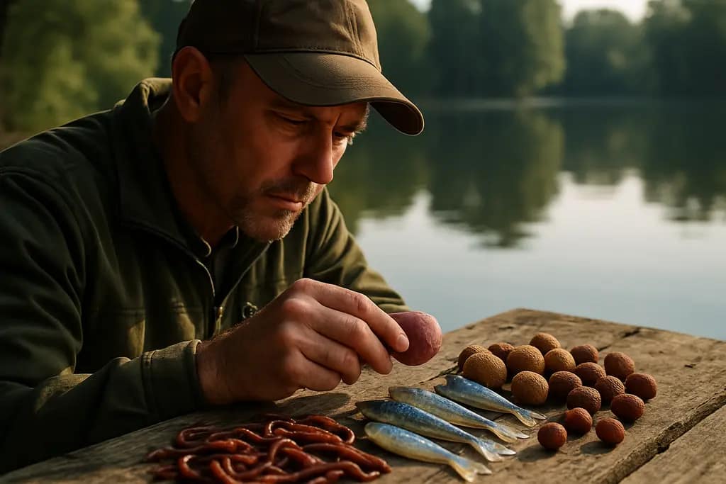 Angler sorting catfish tournament baits beside rods and a bait cooler at a boat ramp