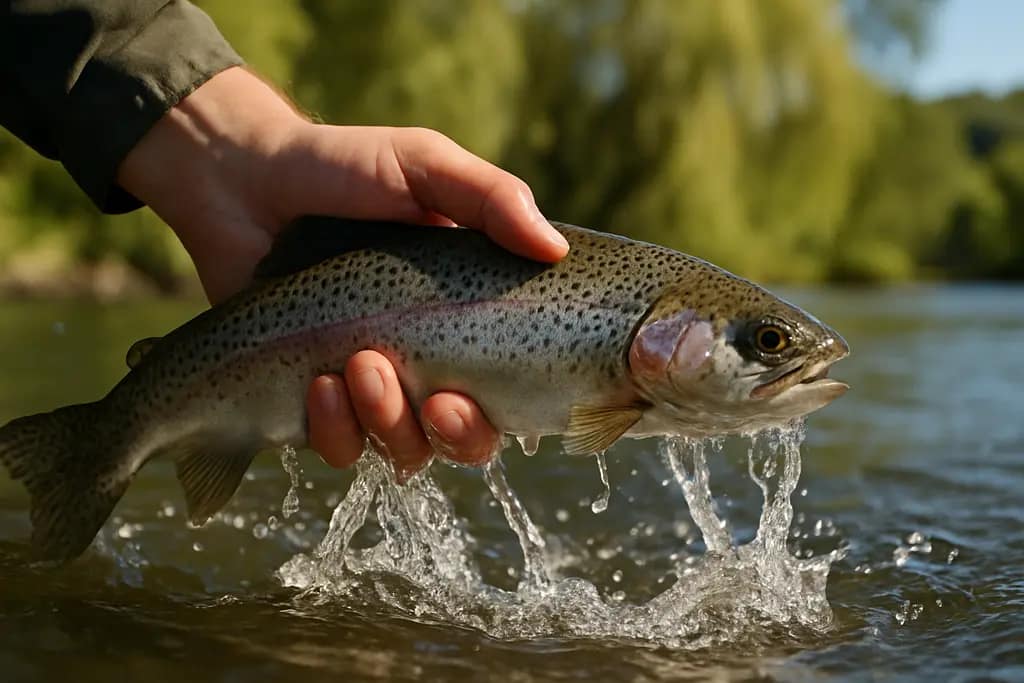 Angler checks a stream thermometer for extreme heat trout conditions beside a shaded river