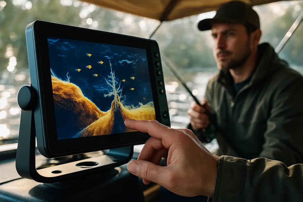 Angler using live imaging sonar while setting catfish rods on a reservoir