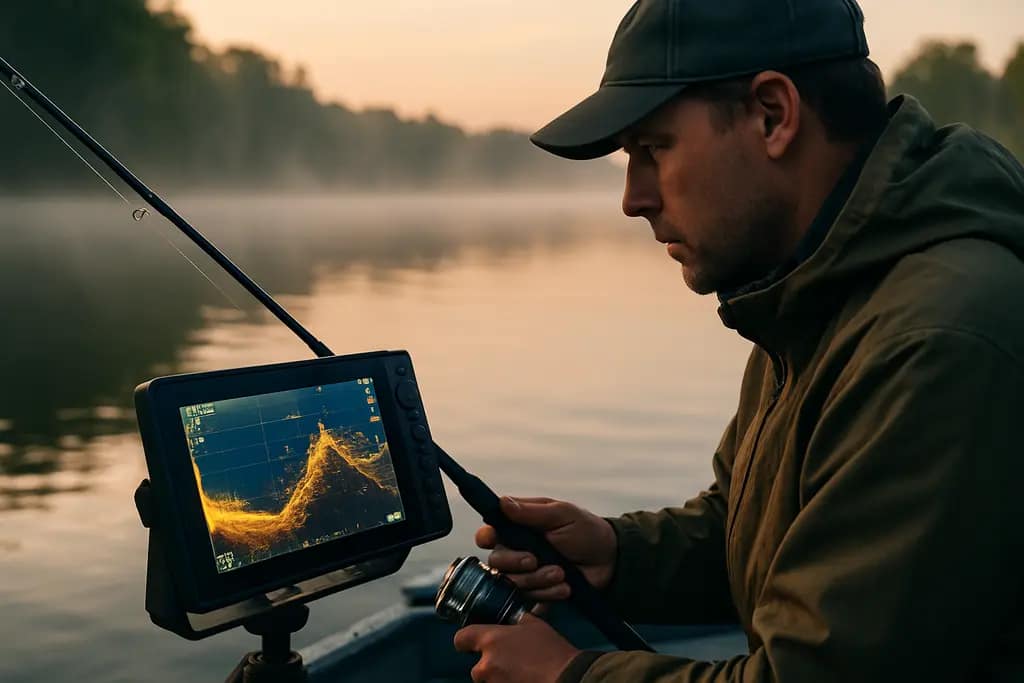 Angler using live-imaging sonar while holding position over open water for black bass