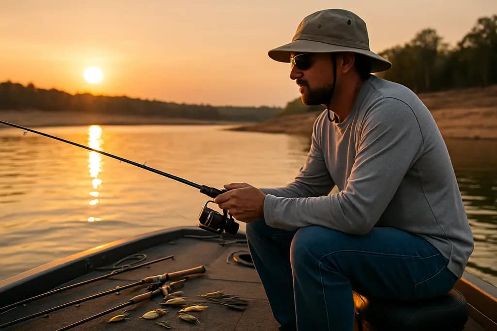 Angler studying Sam Rayburn low water structure from a bass boat at dawn