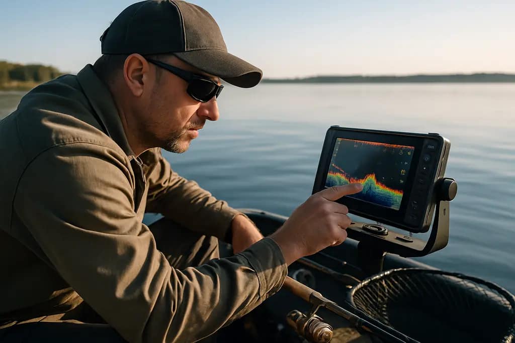 Angler using smallmouth bass tactics from a boat on choppy open water