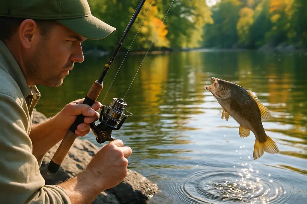 Summer Smallmouth Drop-Shot rig beside soft plastics and sinkers on a bass boat deck