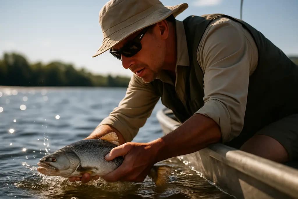 Angler checks water temperature fish stress signs beside a shaded trout stream