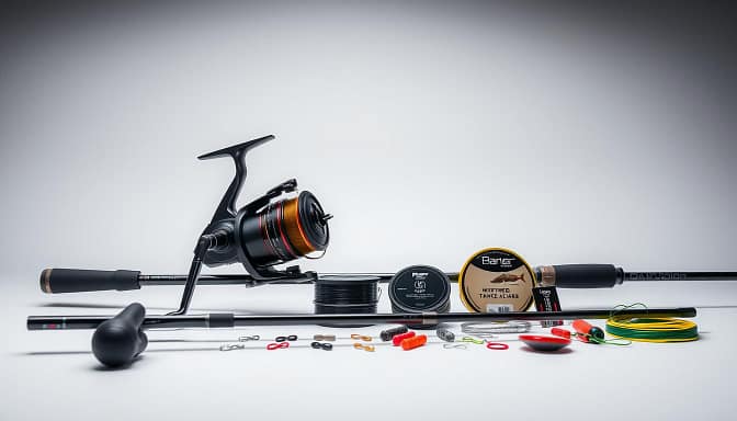 A carefully arranged display of high-performance distance casting gear, meticulously positioned against a clean, minimalist backdrop. In the foreground, a sleek, high-capacity baitcast reel with an oversized spool and a lightweight, graphite-composite rod with a long, thin profile. In the middle ground, an array of precision-engineered line guides, advanced line materials, and specialized terminal tackle designed for maximum casting distance. The background features a subtle gradient, highlighting the technical elegance of the setup while maintaining a sense of focus and simplicity. Crisp lighting from an overhead source accentuates the contours and textures of the gear, creating a sense of depth and dimensionality. The overall composition conveys the technical prowess and attention to detail required for long-distance casting. A carefully arranged display of high-performance distance casting gear, meticulously positioned against a clean, minimalist backdrop. In the foreground, a sleek, high-capacity baitcast reel with an oversized spool and a lightweight, graphite-composite rod with a long, thin profile. In the middle ground, an array of precision-engineered line guides, advanced line materials, and specialized terminal tackle designed for maximum casting distance. The background features a subtle gradient, highlighting the technical elegance of the setup while maintaining a sense of focus and simplicity. Crisp lighting from an overhead source accentuates the contours and textures of the gear, creating a sense of depth and dimensionality. The overall composition conveys the technical prowess and attention to detail required for long-distance casting.