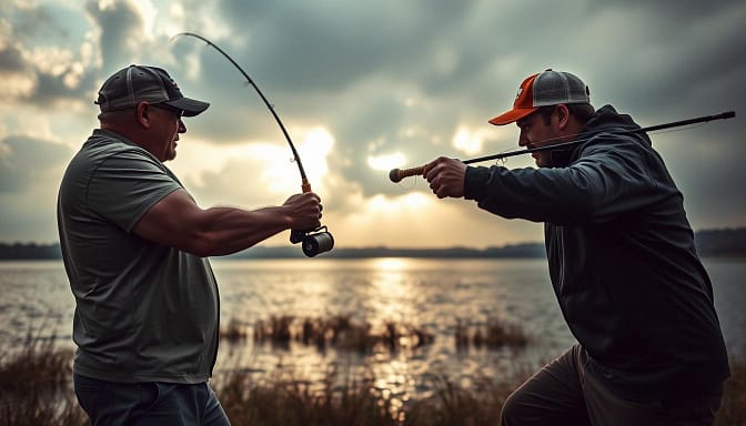 A dramatic landscape with two anglers facing off, one wielding a powerful rod for a mighty cast, the other poised with a precision-focused stance. The foreground captures the intensity of their movements, muscles tensed, eyes narrowed in concentration. The middle ground highlights the differences in their techniques - the power caster's explosive forward motion, the accuracy caster's controlled, measured delivery. The background features a serene lake or river, the sun filtering through clouds, creating a moody, atmospheric setting. Carefully balanced lighting and a cinematic camera angle heighten the sense of drama and rivalry between the two distinct casting styles. A dramatic landscape with two anglers facing off, one wielding a powerful rod for a mighty cast, the other poised with a precision-focused stance. The foreground captures the intensity of their movements, muscles tensed, eyes narrowed in concentration. The middle ground highlights the differences in their techniques - the power caster's explosive forward motion, the accuracy caster's controlled, measured delivery. The background features a serene lake or river, the sun filtering through clouds, creating a moody, atmospheric setting. Carefully balanced lighting and a cinematic camera angle heighten the sense of drama and rivalry between the two distinct casting styles.