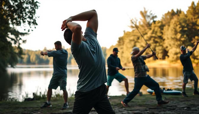 A group of anglers performing a dynamic warmup routine on a picturesque lakeside. In the foreground, a fisherman stretches their shoulders and neck, limbering up their casting arm. In the middle ground, others perform leg swings, lunges, and torso twists, preparing their bodies for the demands of the sport. The background features a serene lake surrounded by lush, verdant trees, creating a peaceful, natural setting. Warm, soft lighting filters through the scene, evoking a sense of tranquility and focus. The anglers' movements are fluid and intentional, conveying their dedication to optimal performance on the water. A group of anglers performing a dynamic warmup routine on a picturesque lakeside. In the foreground, a fisherman stretches their shoulders and neck, limbering up their casting arm. In the middle ground, others perform leg swings, lunges, and torso twists, preparing their bodies for the demands of the sport. The background features a serene lake surrounded by lush, verdant trees, creating a peaceful, natural setting. Warm, soft lighting filters through the scene, evoking a sense of tranquility and focus. The anglers' movements are fluid and intentional, conveying their dedication to optimal performance on the water.