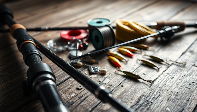 A meticulously arranged distance casting setup rests on a weathered wooden surface. In the foreground, a high-performance graphite rod gleams, its reel seat and guides precision-engineered. Scattered across the frame, an array of specialized line, leaders, and terminal tackle exemplify the angler's attention to detail. In the middle ground, a spool of supple monofilament line and a selection of precisely weighted casting plugs hint at the technique and skill required for long-distance casts. The background is softly lit, evoking a sense of focus and dedication to the craft of fishing. Shadows and highlights accentuate the tactile quality of the gear, inviting the viewer to imagine the biomechanics of an optimal cast. A meticulously arranged distance casting setup rests on a weathered wooden surface. In the foreground, a high-performance graphite rod gleams, its reel seat and guides precision-engineered. Scattered across the frame, an array of specialized line, leaders, and terminal tackle exemplify the angler's attention to detail. In the middle ground, a spool of supple monofilament line and a selection of precisely weighted casting plugs hint at the technique and skill required for long-distance casts. The background is softly lit, evoking a sense of focus and dedication to the craft of fishing. Shadows and highlights accentuate the tactile quality of the gear, inviting the viewer to imagine the biomechanics of an optimal cast.