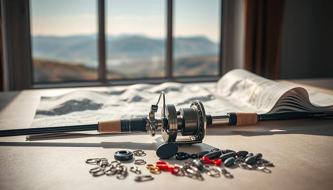 A meticulously detailed still life of a distance casting gear setup, illuminated by soft, diffused natural light filtering through a window. In the foreground, a high-quality graphite-composite fishing rod rests alongside a sleek, modern baitcast reel. The reel's spool and frame gleam with a precision-engineered finish. Beside them, an array of terminal tackle items – sinkers, swivels, leader material – are neatly organized on a neutral-toned surface. The middle ground reveals a topographic map unfolded, its contours and depth lines hinting at the remote, rugged terrain the angler will navigate. In the background, a large window frames a serene landscape of rolling hills and a distant horizon, setting the stage for an epic, long-distance cast. A meticulously detailed still life of a distance casting gear setup, illuminated by soft, diffused natural light filtering through a window. In the foreground, a high-quality graphite-composite fishing rod rests alongside a sleek, modern baitcast reel. The reel's spool and frame gleam with a precision-engineered finish. Beside them, an array of terminal tackle items – sinkers, swivels, leader material – are neatly organized on a neutral-toned surface. The middle ground reveals a topographic map unfolded, its contours and depth lines hinting at the remote, rugged terrain the angler will navigate. In the background, a large window frames a serene landscape of rolling hills and a distant horizon, setting the stage for an epic, long-distance cast.
