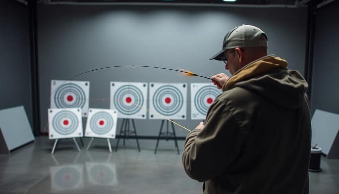 A precision casting drill demonstration showcasing the intricate technique. In the foreground, a fly fisherman expertly manipulates a lure, demonstrating the fluid motions of the jerk retrieve. Mid-ground, a series of crisply defined drill targets arranged in a professional setting, with a technical, clinical lighting accentuating the precision of the movements. The background features a neutral, minimalist environment, allowing the focus to remain on the demonstration at hand. Captured with a high-resolution camera lens, the scene conveys a sense of controlled power and mastery, fitting the "Drills to Build Consistency" theme. A precision casting drill demonstration showcasing the intricate technique. In the foreground, a fly fisherman expertly manipulates a lure, demonstrating the fluid motions of the jerk retrieve. Mid-ground, a series of crisply defined drill targets arranged in a professional setting, with a technical, clinical lighting accentuating the precision of the movements. The background features a neutral, minimalist environment, allowing the focus to remain on the demonstration at hand. Captured with a high-resolution camera lens, the scene conveys a sense of controlled power and mastery, fitting the "Drills to Build Consistency" theme.
