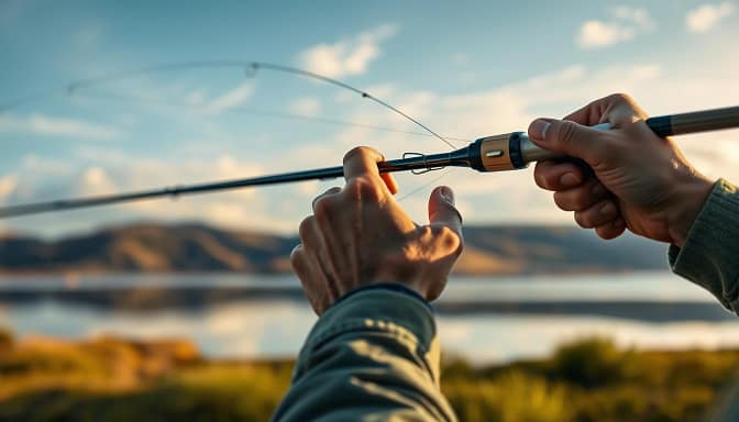 A serene, softly-lit scene of a fisherman's hands demonstrating the rhythmic timing and precise cadence of a competitive casting technique. The foreground features the fisherman's hands gripping a high-quality fishing rod, their movements fluid and controlled. The middle ground showcases the line arcing gracefully through the air, frozen in a moment of perfect form. The background gently blurs into a tranquil landscape of rolling hills, a mirror-like lake, and a cloudless sky, creating a sense of peaceful focus. The image is captured through a telephoto lens, emphasizing the technical intricacies of the casting motion. A serene, softly-lit scene of a fisherman's hands demonstrating the rhythmic timing and precise cadence of a competitive casting technique. The foreground features the fisherman's hands gripping a high-quality fishing rod, their movements fluid and controlled. The middle ground showcases the line arcing gracefully through the air, frozen in a moment of perfect form. The background gently blurs into a tranquil landscape of rolling hills, a mirror-like lake, and a cloudless sky, creating a sense of peaceful focus. The image is captured through a telephoto lens, emphasizing the technical intricacies of the casting motion.