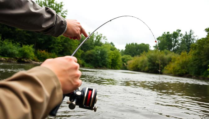 A skilled angler performs a controlled casting technique, with a well-balanced rod and reel, standing in a shallow stream on a cloudy day. The foreground features the angler's hand and arm, precisely timing the release of the lure as it arcs gracefully through the air, while the middle ground shows the line unspooling with a gentle curve. In the background, the water ripples softly, and the riverbanks are lined with lush, verdant foliage, creating a serene and peaceful atmosphere. Warm, diffused lighting casts a natural glow, accentuating the precision and control of the casting motion. A skilled angler performs a controlled casting technique, with a well-balanced rod and reel, standing in a shallow stream on a cloudy day. The foreground features the angler's hand and arm, precisely timing the release of the lure as it arcs gracefully through the air, while the middle ground shows the line unspooling with a gentle curve. In the background, the water ripples softly, and the riverbanks are lined with lush, verdant foliage, creating a serene and peaceful atmosphere. Warm, diffused lighting casts a natural glow, accentuating the precision and control of the casting motion.