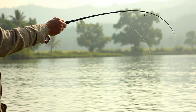 A skilled angler performs a graceful hybrid casting motion, blending techniques from different styles. In the foreground, their arm extends with a fly rod, line arcing through the air. The middle ground depicts the water's surface, gently rippling. The background showcases a serene lakeside landscape, with verdant trees and a hazy, atmospheric sky. Soft, natural lighting bathes the scene, creating a tranquil, almost meditative mood. The image captures the artistry and precision of this innovative fishing approach, highlighting the harmony between human skill and natural elements. A skilled angler performs a graceful hybrid casting motion, blending techniques from different styles. In the foreground, their arm extends with a fly rod, line arcing through the air. The middle ground depicts the water's surface, gently rippling. The background showcases a serene lakeside landscape, with verdant trees and a hazy, atmospheric sky. Soft, natural lighting bathes the scene, creating a tranquil, almost meditative mood. The image captures the artistry and precision of this innovative fishing approach, highlighting the harmony between human skill and natural elements.