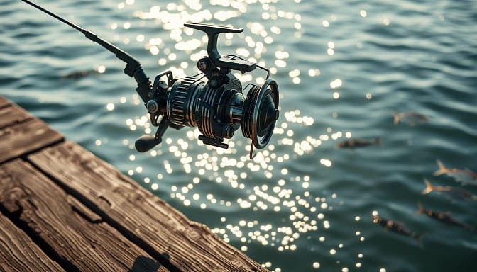 A sleek, biomechanical fishing reel levitates above a weathered wooden dock, its gears and components seamlessly integrated. Glowing circuitry and sensors protrude from the device, connected to a fisherman's wetsuit by a network of flexible cables. The angler's movements are mirrored by the reel, which adjusts drag and spool tension in real-time, providing haptic feedback and enhancing the connection between human and machine. In the distance, a school of silvery fish dart through the shimmering, sun-dappled water, their movements analyzed by the advanced technology. The scene evokes a futuristic, yet naturalistic harmony between nature and cutting-edge engineering. A sleek, biomechanical fishing reel levitates above a weathered wooden dock, its gears and components seamlessly integrated. Glowing circuitry and sensors protrude from the device, connected to a fisherman's wetsuit by a network of flexible cables. The angler's movements are mirrored by the reel, which adjusts drag and spool tension in real-time, providing haptic feedback and enhancing the connection between human and machine. In the distance, a school of silvery fish dart through the shimmering, sun-dappled water, their movements analyzed by the advanced technology. The scene evokes a futuristic, yet naturalistic harmony between nature and cutting-edge engineering.