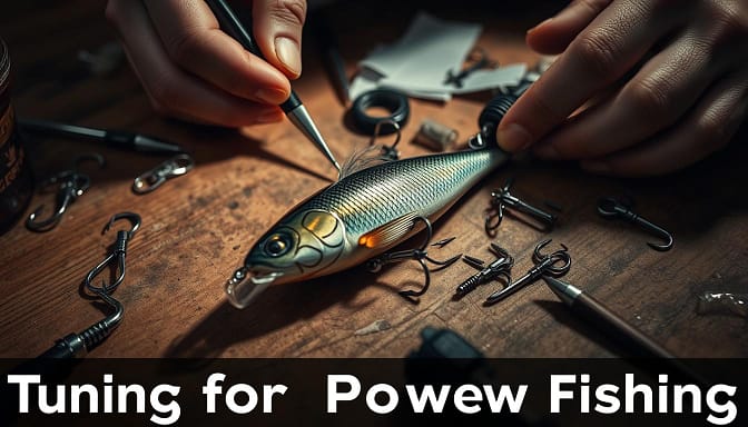 A close-up image of a person's hands meticulously tuning and customizing a fishing lure. The lure lies on a well-worn wooden workbench, surrounded by an array of precision tools, hooks, and materials. Soft, directional lighting casts dramatic shadows, highlighting the intricate details and textures of the lure's components. The scene conveys a sense of focus, dedication, and the pursuit of angling excellence, perfectly capturing the essence of "Tuning for Power Fishing". A close-up image of a person's hands meticulously tuning and customizing a fishing lure. The lure lies on a well-worn wooden workbench, surrounded by an array of precision tools, hooks, and materials. Soft, directional lighting casts dramatic shadows, highlighting the intricate details and textures of the lure's components. The scene conveys a sense of focus, dedication, and the pursuit of angling excellence, perfectly capturing the essence of "Tuning for Power Fishing".