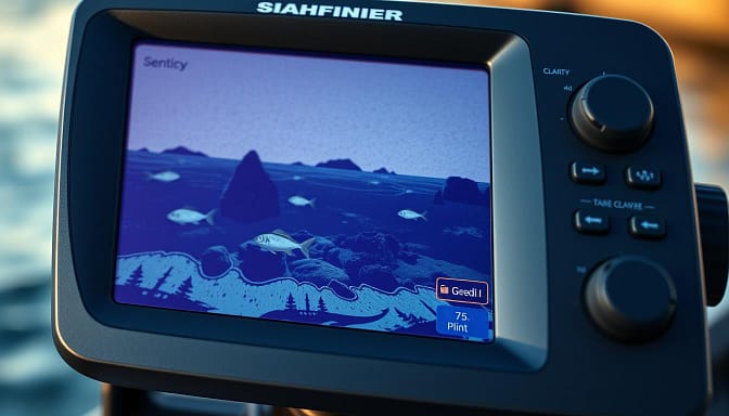 A close-up, detailed view of a modern fishfinder display, showcasing its clarity settings. The screen shows a crisp, high-resolution underwater landscape, with sharp outlines of fish, rocks, and the seafloor. The display is backlit with a warm, ambient glow, creating a soft, inviting atmosphere. The controls are clearly visible, allowing the user to adjust the sensitivity, contrast, and color palette to optimize the image for their specific needs. The entire scene is captured with a shallow depth of field, placing the display in focus while blurring the surrounding environment, drawing the viewer's attention to the critical details of the fishfinder's interface. A close-up, detailed view of a modern fishfinder display, showcasing its clarity settings. The screen shows a crisp, high-resolution underwater landscape, with sharp outlines of fish, rocks, and the seafloor. The display is backlit with a warm, ambient glow, creating a soft, inviting atmosphere. The controls are clearly visible, allowing the user to adjust the sensitivity, contrast, and color palette to optimize the image for their specific needs. The entire scene is captured with a shallow depth of field, placing the display in focus while blurring the surrounding environment, drawing the viewer's attention to the critical details of the fishfinder's interface.