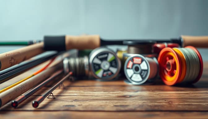 A close-up still life of various fishing rod materials neatly arranged on a wooden tabletop. In the foreground, several fishing rod blanks in different materials and colors, such as graphite, fiberglass, and carbon fiber, are displayed side by side. In the middle ground, spools of fishing line in a range of weights and colors are carefully positioned. The background features a subdued, evenly lit studio setup with soft shadows, highlighting the textures and details of the fishing gear. The overall mood is one of thoughtful examination, showcasing the technical and material aspects of the components that contribute to an angler's casting performance. A close-up still life of various fishing rod materials neatly arranged on a wooden tabletop. In the foreground, several fishing rod blanks in different materials and colors, such as graphite, fiberglass, and carbon fiber, are displayed side by side. In the middle ground, spools of fishing line in a range of weights and colors are carefully positioned. The background features a subdued, evenly lit studio setup with soft shadows, highlighting the textures and details of the fishing gear. The overall mood is one of thoughtful examination, showcasing the technical and material aspects of the components that contribute to an angler's casting performance.
