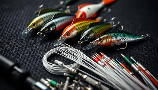 A close-up view of several meticulously crafted custom fishing lure rigs, neatly arranged on a dark, textured surface. The lures feature intricate designs, vibrant colors, and precise hardware. In the foreground, a selection of high-quality line, leader, and terminal tackle components are displayed, showcasing the attention to detail and innovation in this specialized field. The lighting is soft and directional, emphasizing the textures and contours of the materials. The overall composition conveys a sense of precision, craftsmanship, and the dedication required to engineer winning tournament-level fishing rigs. A close-up view of several meticulously crafted custom fishing lure rigs, neatly arranged on a dark, textured surface. The lures feature intricate designs, vibrant colors, and precise hardware. In the foreground, a selection of high-quality line, leader, and terminal tackle components are displayed, showcasing the attention to detail and innovation in this specialized field. The lighting is soft and directional, emphasizing the textures and contours of the materials. The overall composition conveys a sense of precision, craftsmanship, and the dedication required to engineer winning tournament-level fishing rigs.