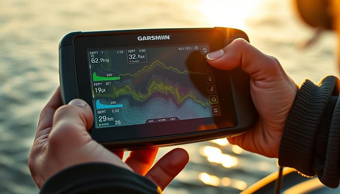 A high-precision fishing GPS device displaying real-time tournament mapping data, showcasing the accuracy of modern angling technology. The screen exhibits a detailed topographical landscape with precise depth contours, pinpointing prime fish-holding structures. A weathered hand grips the device, the angler's intense focus reflected in the screen's glow, set against a backdrop of a serene lakeside environment bathed in warm, golden late afternoon light. The scene conveys the essence of tournament-level casting accuracy, where every inch of the water's surface is meticulously analyzed to gain a competitive edge. A high-precision fishing GPS device displaying real-time tournament mapping data, showcasing the accuracy of modern angling technology. The screen exhibits a detailed topographical landscape with precise depth contours, pinpointing prime fish-holding structures. A weathered hand grips the device, the angler's intense focus reflected in the screen's glow, set against a backdrop of a serene lakeside environment bathed in warm, golden late afternoon light. The scene conveys the essence of tournament-level casting accuracy, where every inch of the water's surface is meticulously analyzed to gain a competitive edge.