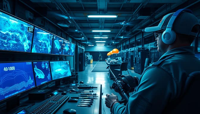 A high-tech fishing control room, illuminated by cool blue and green hues. In the foreground, an angler intently studies a sleek, advanced sonar display, tracking the movements of trophy fish. Behind them, a wall of monitors showcases real-time data from a fleet of remote-controlled underwater drones, each equipped with state-of-the-art imaging and sensor technology. The middle ground features a collection of specialized rods, reels, and electronic lures, all designed to give the angler a competitive edge. In the background, a vast, dimly lit warehouse filled with sophisticated R&D equipment, hinting at the cutting-edge innovations driving this new era of competitive fishing. A high-tech fishing control room, illuminated by cool blue and green hues. In the foreground, an angler intently studies a sleek, advanced sonar display, tracking the movements of trophy fish. Behind them, a wall of monitors showcases real-time data from a fleet of remote-controlled underwater drones, each equipped with state-of-the-art imaging and sensor technology. The middle ground features a collection of specialized rods, reels, and electronic lures, all designed to give the angler a competitive edge. In the background, a vast, dimly lit warehouse filled with sophisticated R&D equipment, hinting at the cutting-edge innovations driving this new era of competitive fishing.