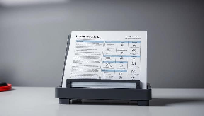 A highly detailed and technical-looking lithium marine battery safety checklist displayed on a clean, well-lit workbench. The checklist is printed on durable, weatherproof paper and features a sleek, minimalist design with clearly organized sections and icons. The background is a soft, neutral gray, placing the focus entirely on the checklist. Subtle shadows and highlights add depth and dimension, while the overall mood is one of professionalism and attention to safety. The camera angle is slightly elevated, giving the viewer a sense of authority and expertise. A highly detailed and technical-looking lithium marine battery safety checklist displayed on a clean, well-lit workbench. The checklist is printed on durable, weatherproof paper and features a sleek, minimalist design with clearly organized sections and icons. The background is a soft, neutral gray, placing the focus entirely on the checklist. Subtle shadows and highlights add depth and dimension, while the overall mood is one of professionalism and attention to safety. The camera angle is slightly elevated, giving the viewer a sense of authority and expertise.