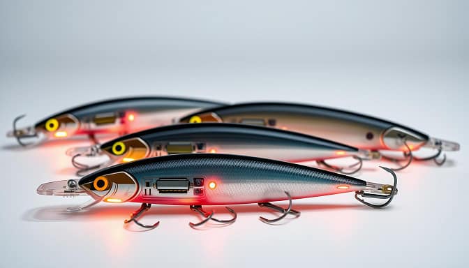 A meticulously crafted set of electronically controlled fishing lures arranged on a minimalist, well-lit studio table. The lures feature sleek, modern designs with embedded circuits, sensors, and LED accents that emanate a soft, ambient glow. The lighting is crisp and directional, highlighting the intricate details and high-tech components of the lures. The composition places the lures in the foreground, allowing the viewer to fully appreciate their advanced, customizable features. The background is clean and uncluttered, maintaining the focus on the specialized tools of the trade. A meticulously crafted set of electronically controlled fishing lures arranged on a minimalist, well-lit studio table. The lures feature sleek, modern designs with embedded circuits, sensors, and LED accents that emanate a soft, ambient glow. The lighting is crisp and directional, highlighting the intricate details and high-tech components of the lures. The composition places the lures in the foreground, allowing the viewer to fully appreciate their advanced, customizable features. The background is clean and uncluttered, maintaining the focus on the specialized tools of the trade.