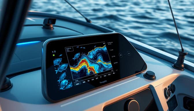 A sleek, futuristic sonar display panel seamlessly integrated into the dashboard of a high-tech fishing boat. The interface shows a detailed 3D rendering of the underwater terrain, with schools of fish, submerged obstacles, and the boat's position precisely mapped. Subtle blue backlighting casts a serene glow, while a sophisticated array of sensors and transducers protrude discreetly from the hull, capturing data with unparalleled precision. The overall aesthetic conveys a sense of advanced, reliable technology that empowers the angler to navigate the waters with confidence and ease. A sleek, futuristic sonar display panel seamlessly integrated into the dashboard of a high-tech fishing boat. The interface shows a detailed 3D rendering of the underwater terrain, with schools of fish, submerged obstacles, and the boat's position precisely mapped. Subtle blue backlighting casts a serene glow, while a sophisticated array of sensors and transducers protrude discreetly from the hull, capturing data with unparalleled precision. The overall aesthetic conveys a sense of advanced, reliable technology that empowers the angler to navigate the waters with confidence and ease.