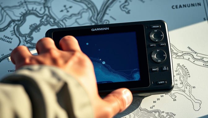 A sleek, high-contrast digital fishing GPS display showcases a series of precise waypoints across a detailed nautical chart. The screen's cool blue tones and minimalist interface convey a sense of technology and navigation, while the chart's contour lines and depth indicators suggest the underwater terrain. In the foreground, a weathered angler's hand hovers over the touchscreen, highlighting the seamless integration of digital mapping and real-world fishing strategy. Soft, directional lighting casts dramatic shadows, emphasizing the GPS device's central role in this scene of modern, data-driven tournament fishing. A sleek, high-contrast digital fishing GPS display showcases a series of precise waypoints across a detailed nautical chart. The screen's cool blue tones and minimalist interface convey a sense of technology and navigation, while the chart's contour lines and depth indicators suggest the underwater terrain. In the foreground, a weathered angler's hand hovers over the touchscreen, highlighting the seamless integration of digital mapping and real-world fishing strategy. Soft, directional lighting casts dramatic shadows, emphasizing the GPS device's central role in this scene of modern, data-driven tournament fishing.