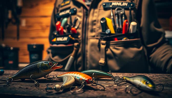A tournament-ready angler's workspace, showcasing an array of specialized fishing wearables and precisely tuned lures. In the foreground, a close-up view of various lures, their hooks and trebles meticulously adjusted for maximum performance. The middle ground features the angler's vest, equipped with pockets filled with an arsenal of terminal tackle and tools. In the background, a weathered wooden workbench provides the setting, casting dramatic shadows and highlights under a warm, focused studio lighting setup. The scene exudes a sense of dedication, precision, and the relentless pursuit of the perfect presentation for tournament-level competitive fishing. A tournament-ready angler's workspace, showcasing an array of specialized fishing wearables and precisely tuned lures. In the foreground, a close-up view of various lures, their hooks and trebles meticulously adjusted for maximum performance. The middle ground features the angler's vest, equipped with pockets filled with an arsenal of terminal tackle and tools. In the background, a weathered wooden workbench provides the setting, casting dramatic shadows and highlights under a warm, focused studio lighting setup. The scene exudes a sense of dedication, precision, and the relentless pursuit of the perfect presentation for tournament-level competitive fishing.
