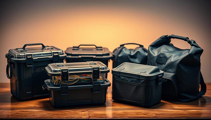A well-lit close-up photograph of several high-quality waterproof tackle storage containers and dry bags arranged on a wooden surface. The containers are made of durable, weather-resistant materials like heavy-duty plastic or reinforced fabric, with secure locking mechanisms and transparent windows to easily view contents. The bags feature roll-top closures and padded compartments to protect delicate fishing gear. The lighting creates a warm, inviting atmosphere that highlights the premium craftsmanship and attention to detail of these innovative storage solutions. A well-lit close-up photograph of several high-quality waterproof tackle storage containers and dry bags arranged on a wooden surface. The containers are made of durable, weather-resistant materials like heavy-duty plastic or reinforced fabric, with secure locking mechanisms and transparent windows to easily view contents. The bags feature roll-top closures and padded compartments to protect delicate fishing gear. The lighting creates a warm, inviting atmosphere that highlights the premium craftsmanship and attention to detail of these innovative storage solutions.