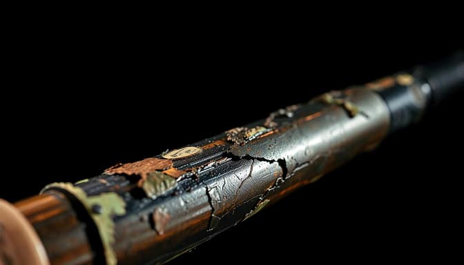 Corroded fishing rod blank in close-up, weathered and deteriorating surface with flaking paint and oxidation, visible fiberglass layers and cracks, set against a dark, moody background with dramatic lighting from the side, creating deep shadows and highlights to emphasize the texture and damage, conveying a sense of neglect and the harsh realities of corrosive environments that anglers must contend with when caring for their high-performance equipment. Corroded fishing rod blank in close-up, weathered and deteriorating surface with flaking paint and oxidation, visible fiberglass layers and cracks, set against a dark, moody background with dramatic lighting from the side, creating deep shadows and highlights to emphasize the texture and damage, conveying a sense of neglect and the harsh realities of corrosive environments that anglers must contend with when caring for their high-performance equipment.