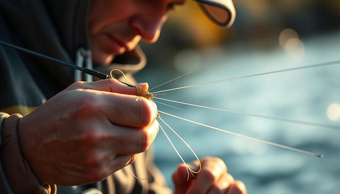 A competitive angler meticulously practices tying complex fishing knots, their hands deftly weaving monofilament through eyelets. The scene is captured in a close-up, high-resolution photograph using a professional-grade camera lens with a shallow depth of field, placing the foreground action in sharp focus while the background fades into a soft, blurred motion blur. Warm, natural lighting casts a gentle glow, highlighting the intense concentration on the angler's face as they repeat the intricate maneuvers with precision and speed. The atmosphere conveys a sense of dedication, expertise, and the relentless pursuit of perfection essential for success in high-stakes competitive angling. A competitive angler meticulously practices tying complex fishing knots, their hands deftly weaving monofilament through eyelets. The scene is captured in a close-up, high-resolution photograph using a professional-grade camera lens with a shallow depth of field, placing the foreground action in sharp focus while the background fades into a soft, blurred motion blur. Warm, natural lighting casts a gentle glow, highlighting the intense concentration on the angler's face as they repeat the intricate maneuvers with precision and speed. The atmosphere conveys a sense of dedication, expertise, and the relentless pursuit of perfection essential for success in high-stakes competitive angling.