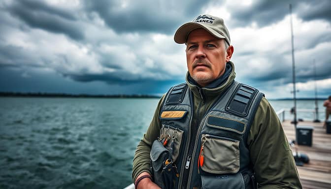 A competitive angler standing on a fishing pier, wearing a specialized fishing vest loaded with pockets, hooks, and tools. In the background, a vast lake or river stretches out, with a stormy sky overhead casting dramatic lighting. The angler's face is focused, their gaze intent as they prepare their line and lures, ready to outsmart the fish and claim victory in the tournament. The scene is captured with a wide-angle lens, emphasizing the scale and intensity of the moment. A competitive angler standing on a fishing pier, wearing a specialized fishing vest loaded with pockets, hooks, and tools. In the background, a vast lake or river stretches out, with a stormy sky overhead casting dramatic lighting. The angler's face is focused, their gaze intent as they prepare their line and lures, ready to outsmart the fish and claim victory in the tournament. The scene is captured with a wide-angle lens, emphasizing the scale and intensity of the moment.