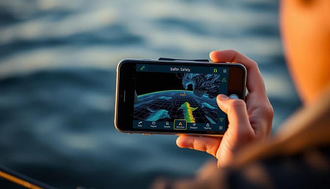 A mobile device displaying a detailed sonar app interface, showcasing its safety features. The screen presents a clear, high-resolution underwater view, with depth indicators, fish icons, and various warning signals highlighting potential hazards. The device is held in a steady hand, the user's face partially visible, conveying a sense of focus and attentiveness. The scene is illuminated by a warm, subtle lighting, creating a calm and professional atmosphere. The background is blurred, emphasizing the app's centrality, with a subtle gradient suggesting a serene, aquatic environment. A mobile device displaying a detailed sonar app interface, showcasing its safety features. The screen presents a clear, high-resolution underwater view, with depth indicators, fish icons, and various warning signals highlighting potential hazards. The device is held in a steady hand, the user's face partially visible, conveying a sense of focus and attentiveness. The scene is illuminated by a warm, subtle lighting, creating a calm and professional atmosphere. The background is blurred, emphasizing the app's centrality, with a subtle gradient suggesting a serene, aquatic environment.