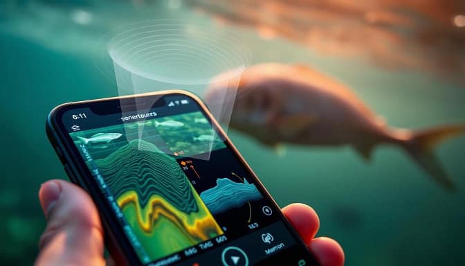 A mobile phone screen displaying a sonar app interface, showcasing various data visualizations and readings. The foreground depicts the phone's display with a detailed, hyper-realistic rendering of the app's user interface, including depth contours, fish icons, and depth measurements. The middle ground features a transparent, ghostly overlay of sonar waves emanating from the phone, conveying the sense of active scanning. The background depicts a blurred, out-of-focus underwater scene, hinting at the app's intended environment. The lighting is natural, with warm tones and subtle shadows, creating a sense of depth and realism. The overall mood is one of scientific inquiry and technological capabilities, reflecting the article's focus on the accuracy and limitations of mobile sonar apps. A mobile phone screen displaying a sonar app interface, showcasing various data visualizations and readings. The foreground depicts the phone's display with a detailed, hyper-realistic rendering of the app's user interface, including depth contours, fish icons, and depth measurements. The middle ground features a transparent, ghostly overlay of sonar waves emanating from the phone, conveying the sense of active scanning. The background depicts a blurred, out-of-focus underwater scene, hinting at the app's intended environment. The lighting is natural, with warm tones and subtle shadows, creating a sense of depth and realism. The overall mood is one of scientific inquiry and technological capabilities, reflecting the article's focus on the accuracy and limitations of mobile sonar apps.