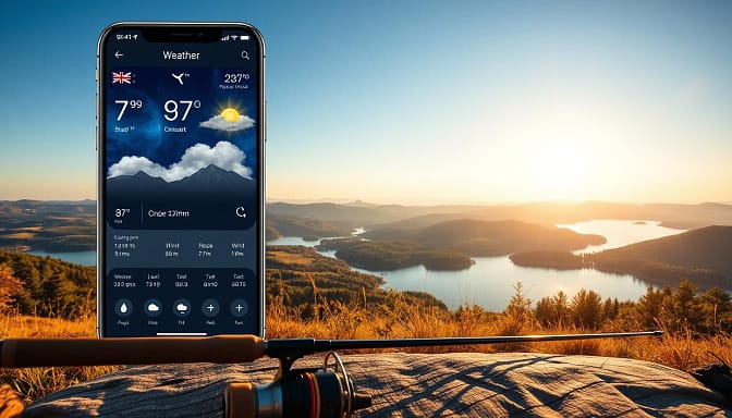 A panoramic vista of a serene lakeside scene, with a close-up of a weather app interface seamlessly integrated into the composition. The app's display shows detailed forecasts, wind speeds, and precipitation levels, overlaid on a picturesque landscape of rolling hills, lush foliage, and a tranquil body of water. Warm, golden sunlight filters through the scene, casting a soft, natural glow. In the foreground, a fishing rod and tackle lie ready, hinting at the perfect conditions for a successful angling expedition. The overall atmosphere conveys a sense of harmony between technology and the great outdoors, empowering anglers to make informed decisions and adapt to the ever-changing weather patterns. A panoramic vista of a serene lakeside scene, with a close-up of a weather app interface seamlessly integrated into the composition. The app's display shows detailed forecasts, wind speeds, and precipitation levels, overlaid on a picturesque landscape of rolling hills, lush foliage, and a tranquil body of water. Warm, golden sunlight filters through the scene, casting a soft, natural glow. In the foreground, a fishing rod and tackle lie ready, hinting at the perfect conditions for a successful angling expedition. The overall atmosphere conveys a sense of harmony between technology and the great outdoors, empowering anglers to make informed decisions and adapt to the ever-changing weather patterns.