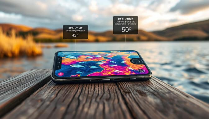 A sleek, futuristic smartphone rests on a wooden dock, its screen displaying a vibrant, hyper-detailed fishfinder interface. The app's sonar maps the depths below, revealing a school of iridescent fish swimming through a tranquil, aquamarine expanse. Holographic overlays provide real-time data on water temperature, current speeds, and optimal bait locations. The device's glass-and-metal chassis gleams under warm, diffused lighting, hinting at the sophisticated AI powering its advanced analytics. In the background, a serene lakeside landscape unfolds, with rolling hills and a clouded, golden sky setting the stage for this cutting-edge fusion of technology and the natural world. A sleek, futuristic smartphone rests on a wooden dock, its screen displaying a vibrant, hyper-detailed fishfinder interface. The app's sonar maps the depths below, revealing a school of iridescent fish swimming through a tranquil, aquamarine expanse. Holographic overlays provide real-time data on water temperature, current speeds, and optimal bait locations. The device's glass-and-metal chassis gleams under warm, diffused lighting, hinting at the sophisticated AI powering its advanced analytics. In the background, a serene lakeside landscape unfolds, with rolling hills and a clouded, golden sky setting the stage for this cutting-edge fusion of technology and the natural world.