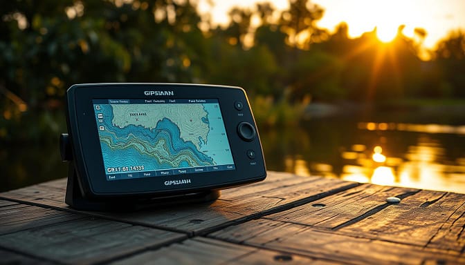 A sleek, high-tech fishing GPS device rests on a weathered wooden surface, its vibrant display illuminating the surrounding environment. The screen showcases a detailed topographical map, with contour lines and depth readings highlighting prime fishing spots. In the background, a serene lakeside landscape unfolds, with lush foliage and a tranquil body of water reflecting the golden hues of the setting sun. The scene conveys a sense of data-driven expertise, where technology and nature seamlessly converge to optimize the fishing experience. A sleek, high-tech fishing GPS device rests on a weathered wooden surface, its vibrant display illuminating the surrounding environment. The screen showcases a detailed topographical map, with contour lines and depth readings highlighting prime fishing spots. In the background, a serene lakeside landscape unfolds, with lush foliage and a tranquil body of water reflecting the golden hues of the setting sun. The scene conveys a sense of data-driven expertise, where technology and nature seamlessly converge to optimize the fishing experience.